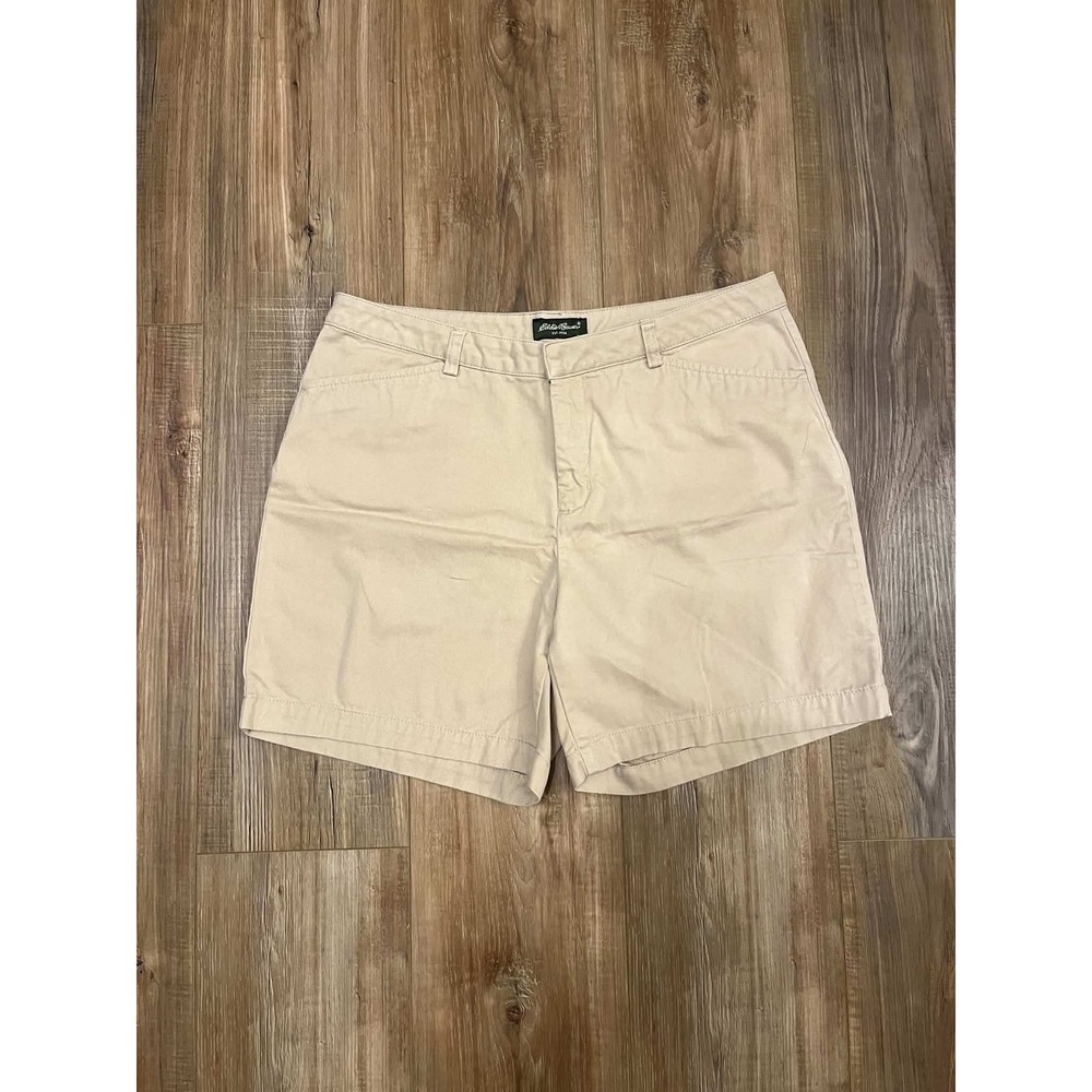 Eddie Bauer Womens Khaki Chino Shorts Tan Cotton Twill Size 10 Mid Rise Casual